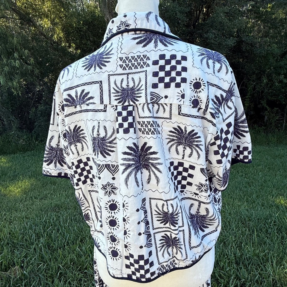 Palm Tree Resort Linen Blend Printed Pant Set Women L White Black Vacation - Picture 4 of 7